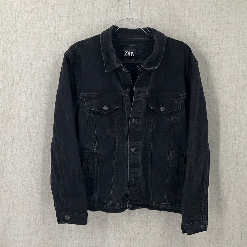 ZARA Denim Jacket Mens XL Black Trucker Classic Minimalist Grunge Y2K Utility